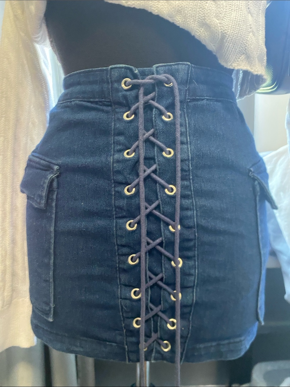 Signature8 Dark Blue Lace-Up High-Waist Denim Mini Skirt